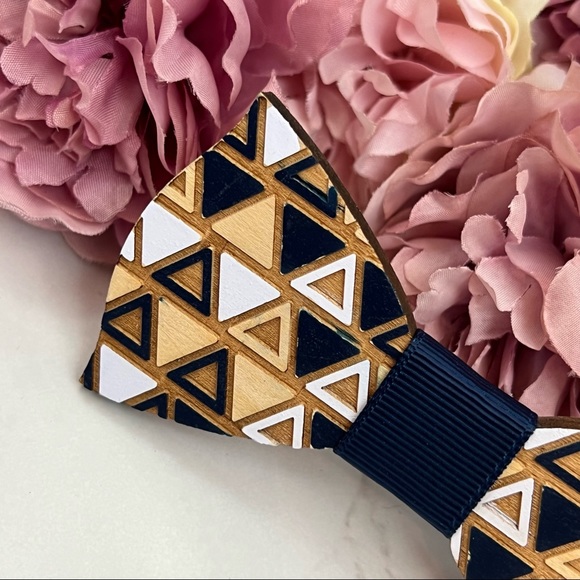 Hand Crafted Blue and White Geometric Wood Butterfly Bow Tie - Picture 8 of 16